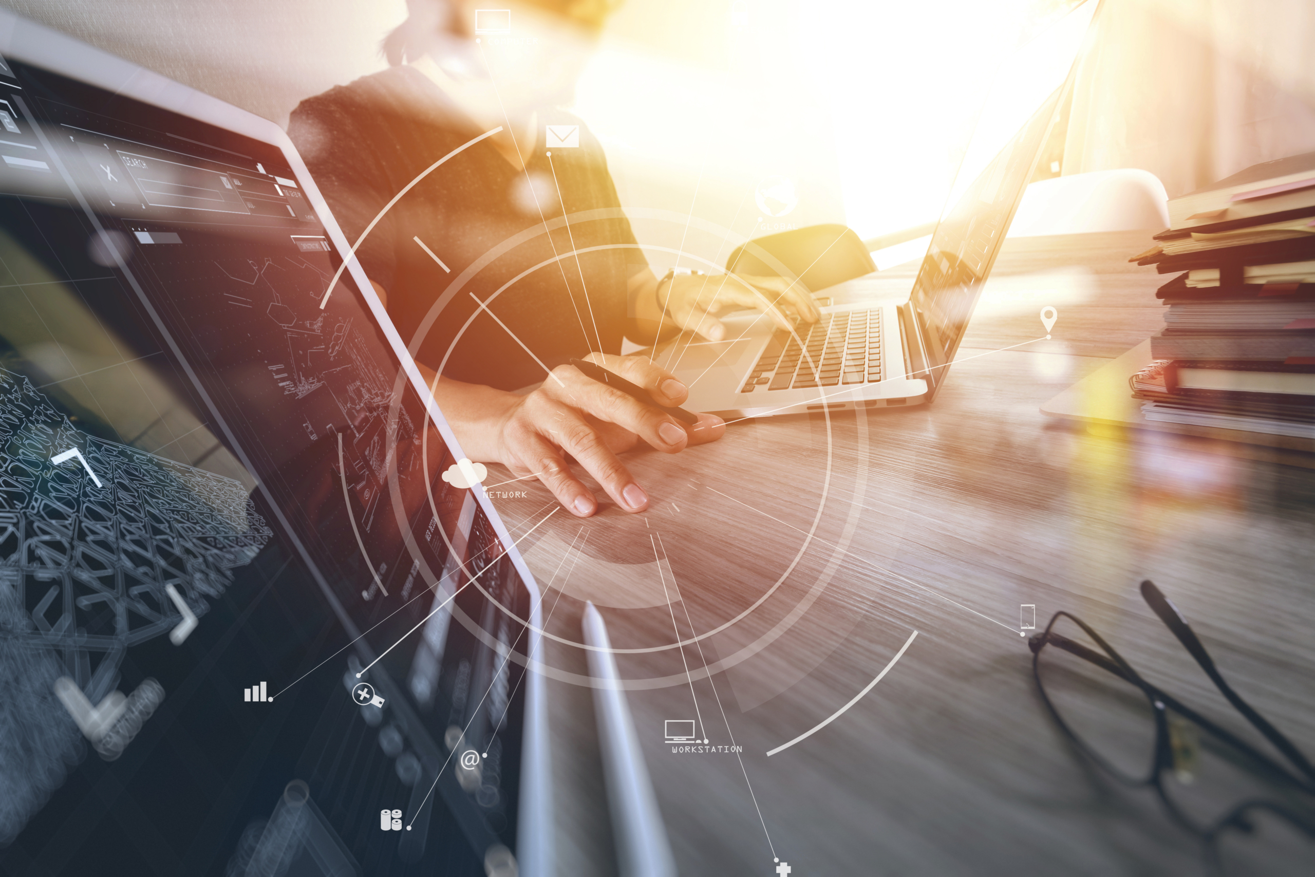 businessman working with mobile phone and digital tablet and lap